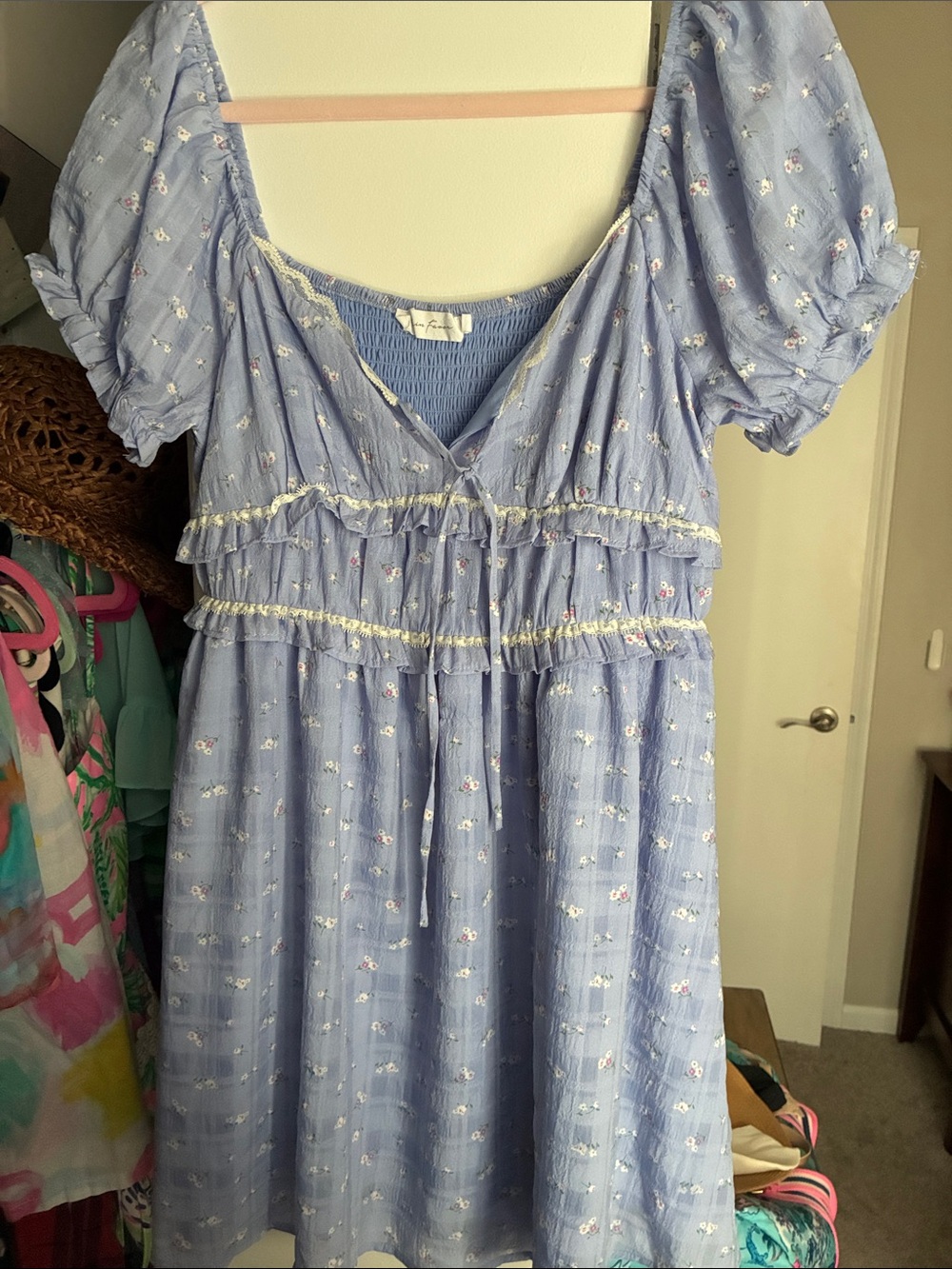 Light Blue Floral Puff-Sleeve Dress